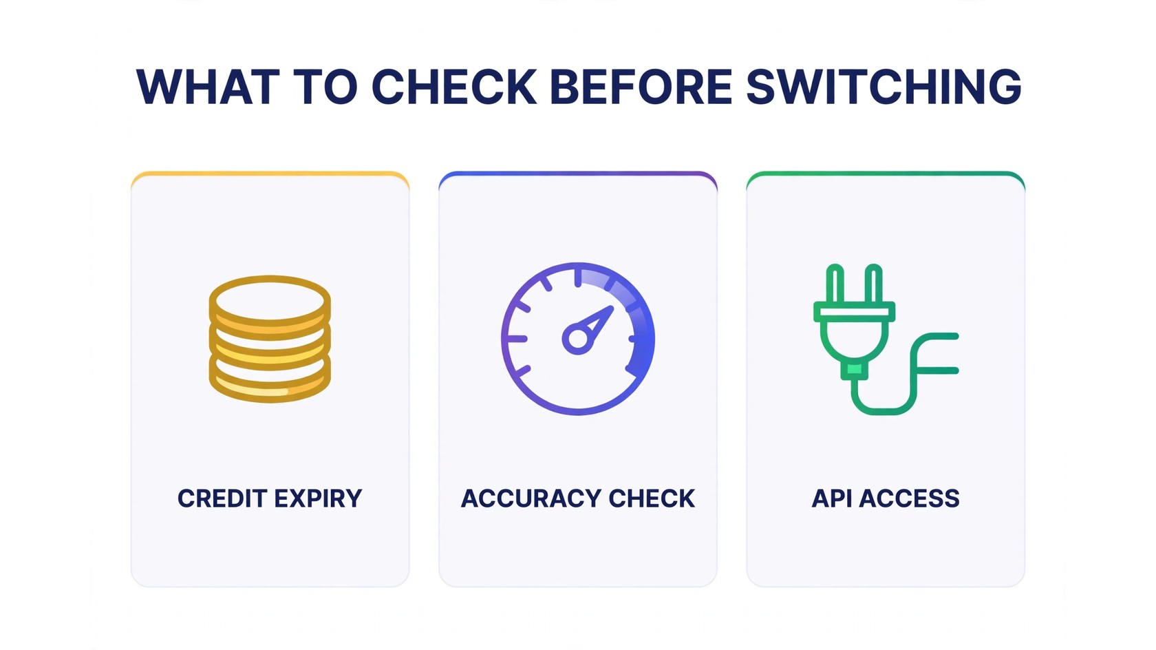What to check before switching infographic: Credit Expiry, Accuracy Check, API Access