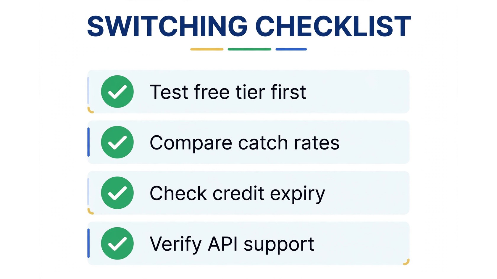Switching Checklist infographic: Test free tier first, Compare catch rates, Check credit expiry, Verify API support