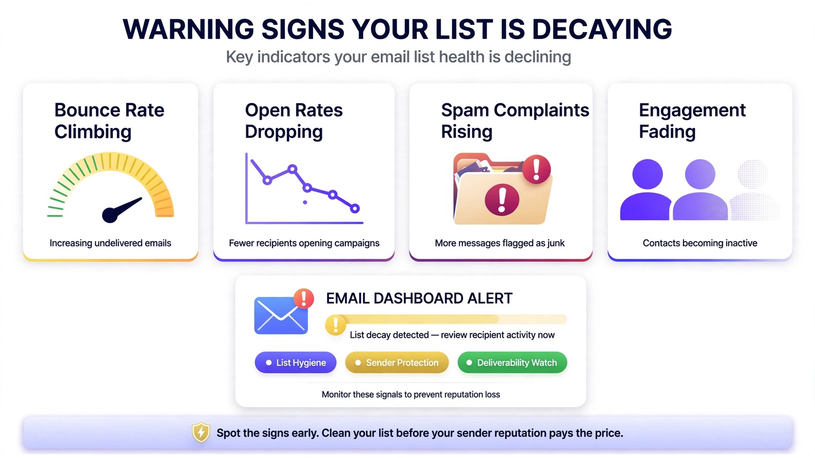 Warning signs your email list is decaying: bounces, falling opens, complaints