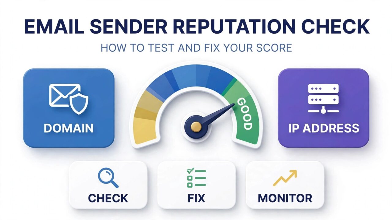 Email sender reputation check infographic: gauge showing score with domain and IP panels