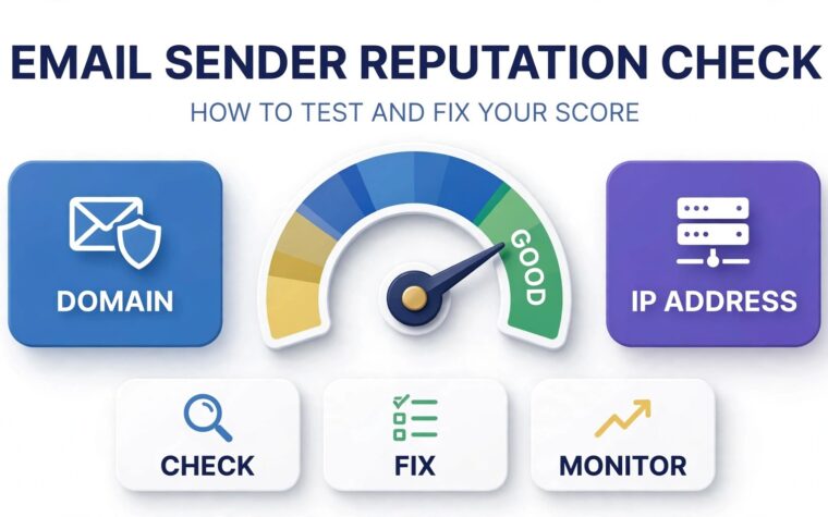 Email sender reputation check infographic: gauge showing score with domain and IP panels