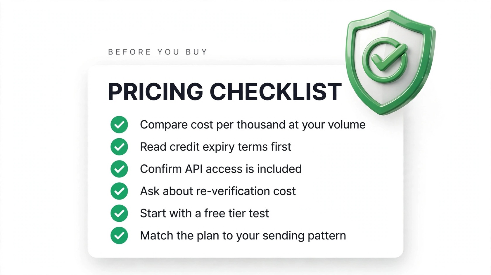 Email verification pricing checklist infographic