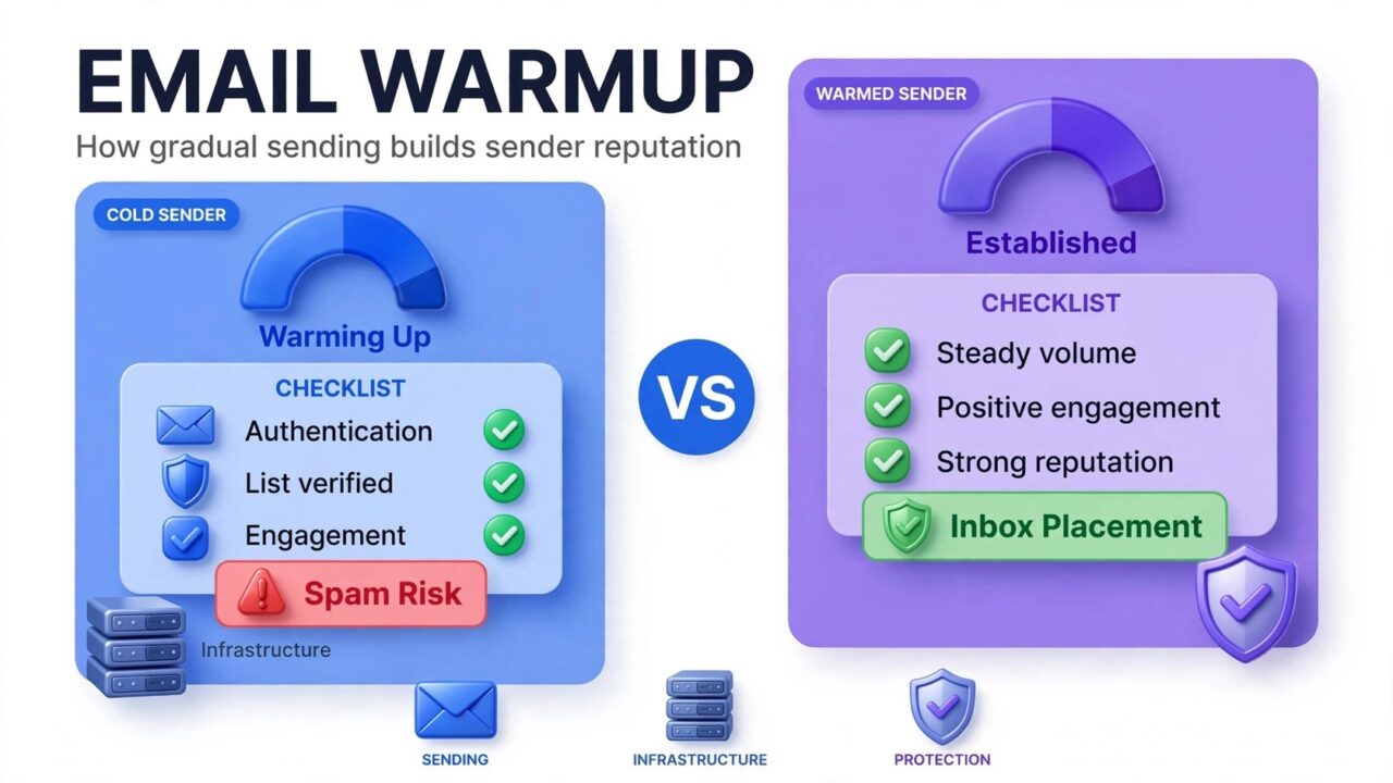 Email warmup: how it works — cold sender vs warmed sender comparison infographic