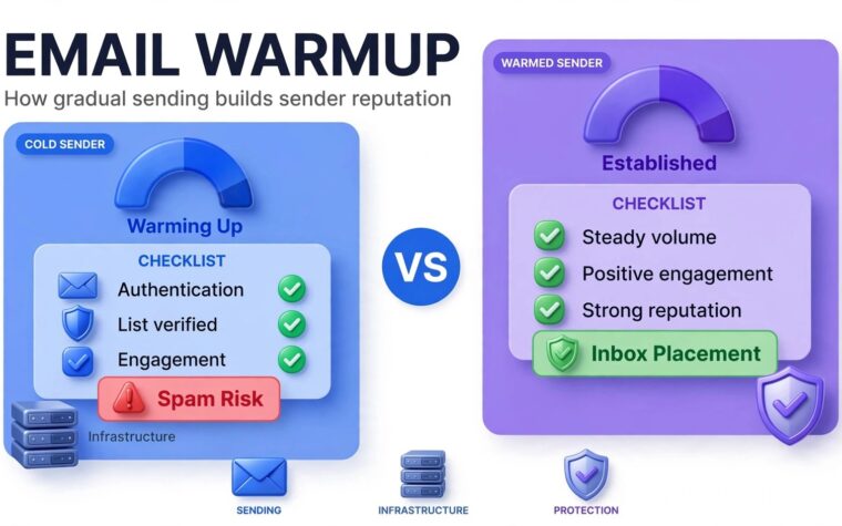 Email warmup: how it works — cold sender vs warmed sender comparison infographic