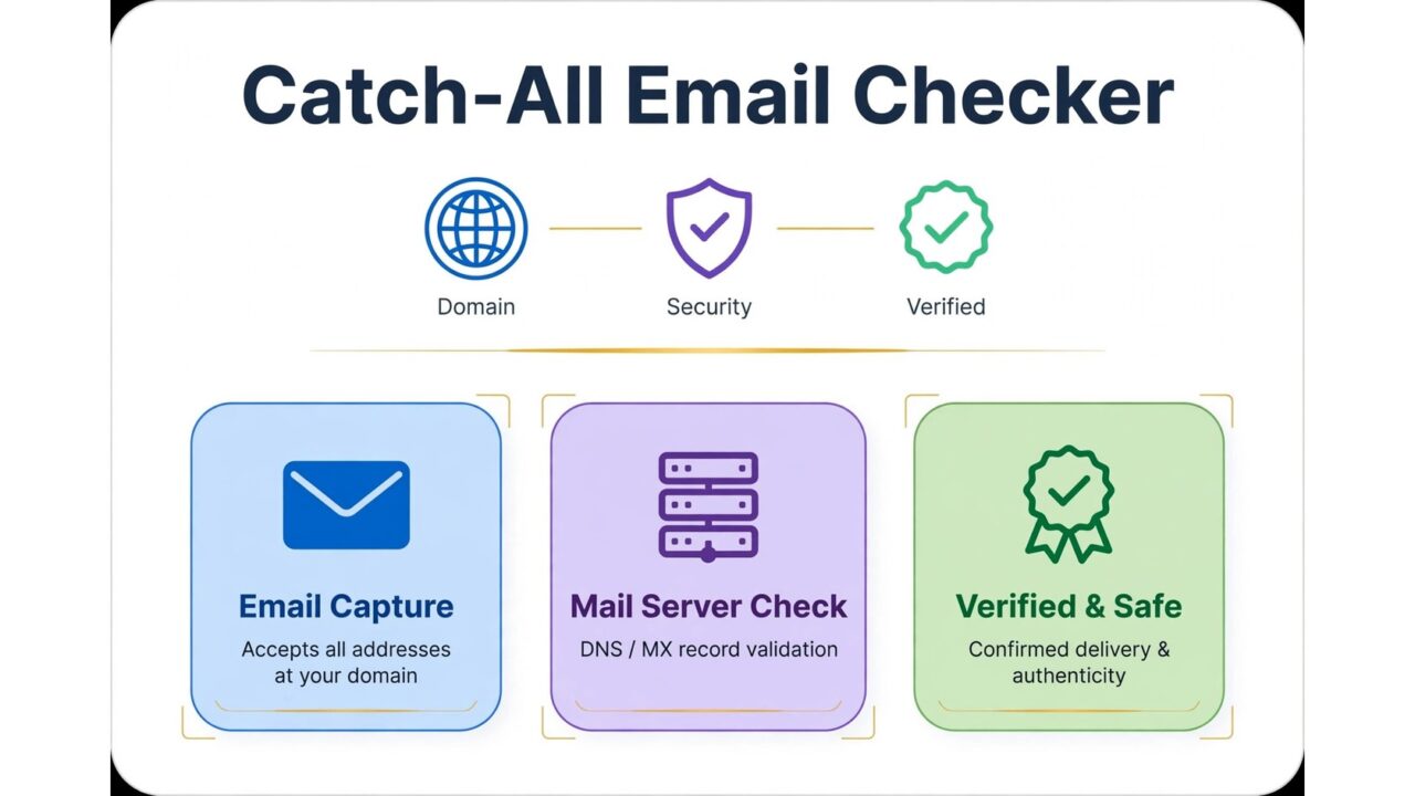 Catch-all email checker infographic with domain, shield and checkmark icons