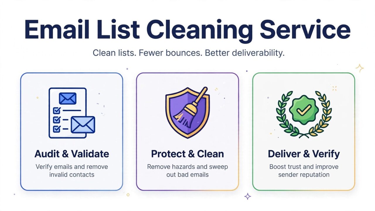 Email List Cleaning Service infographic with list, shield, and checkmark icons