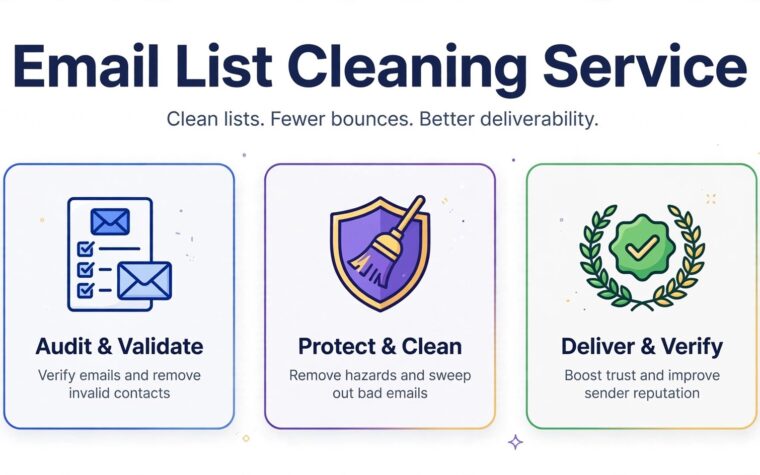 Email List Cleaning Service infographic with list, shield, and checkmark icons