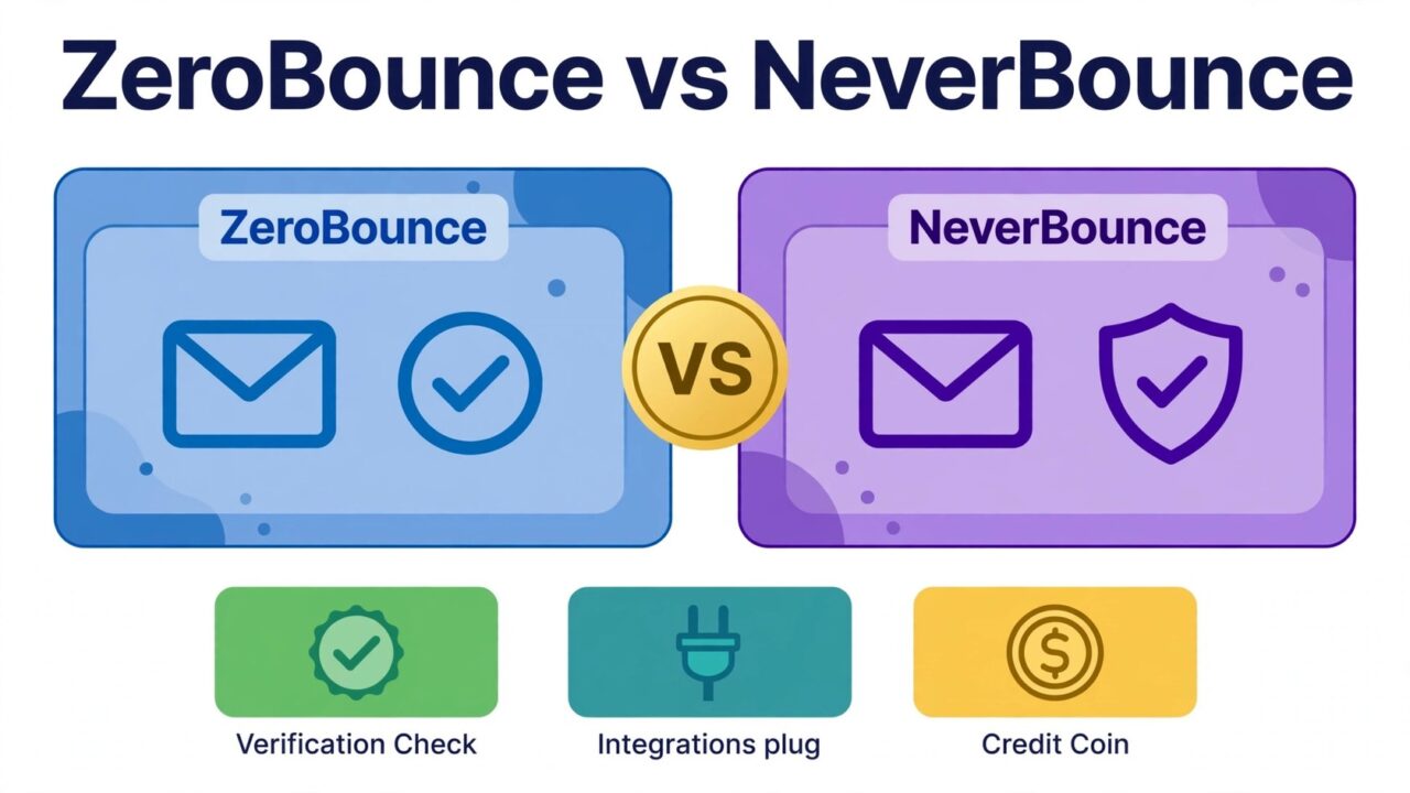 ZeroBounce vs NeverBounce comparison in 2026, split infographic with verification check icons