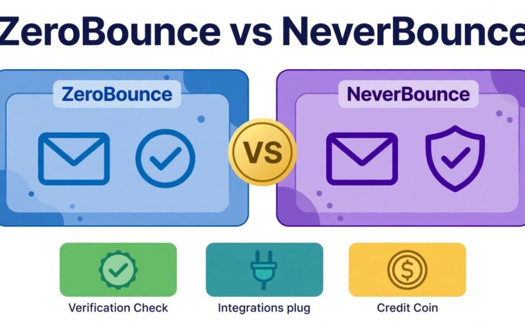 ZeroBounce vs NeverBounce comparison in 2026, split infographic with verification check icons