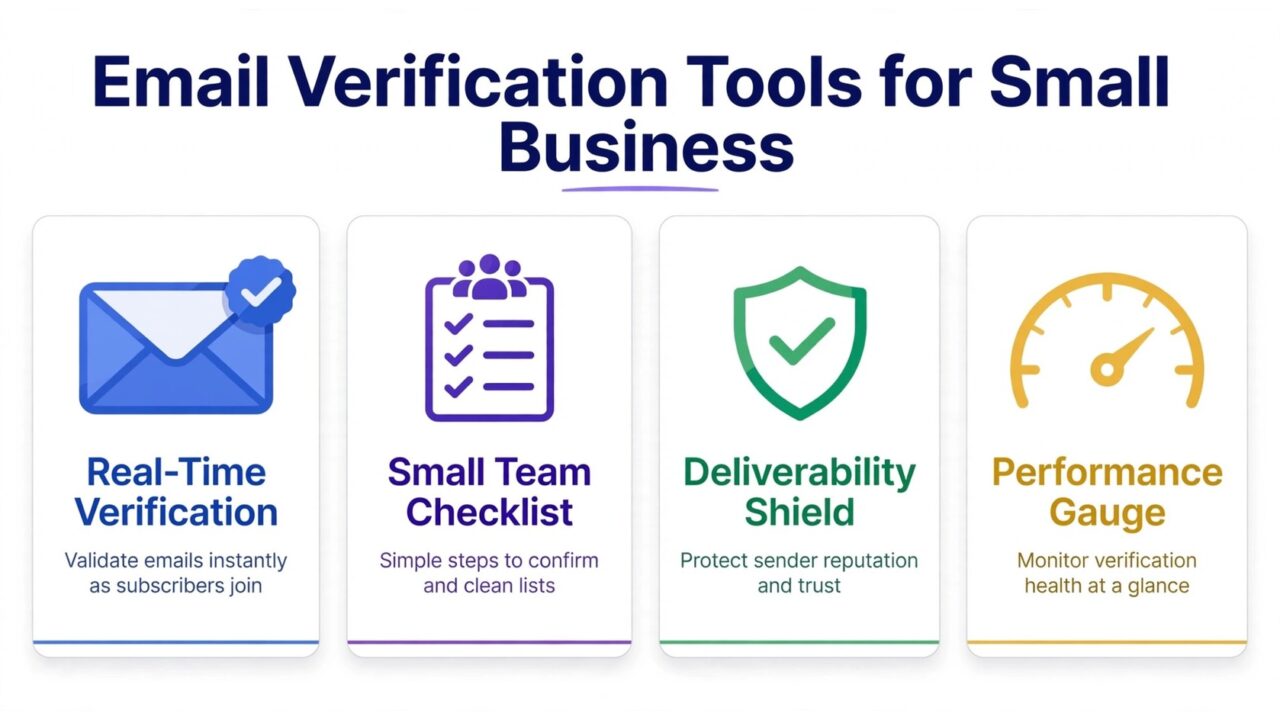 Email Verification Tools for Small Business infographic with checklist, verified envelope, and small team icons