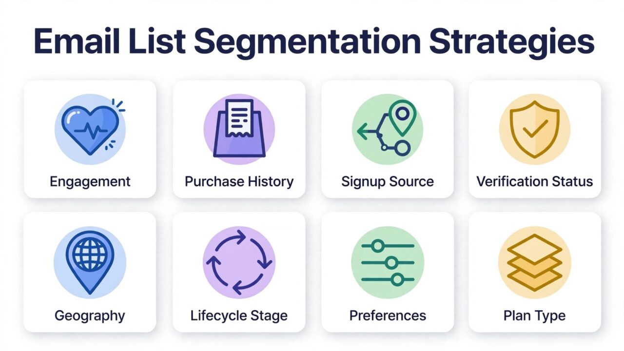 Email List Segmentation Strategies infographic with eight audience segment panels