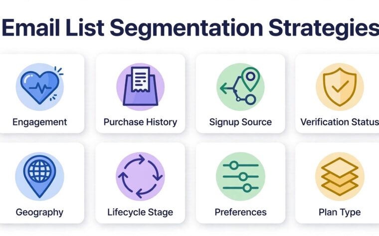 Email List Segmentation Strategies infographic with eight audience segment panels