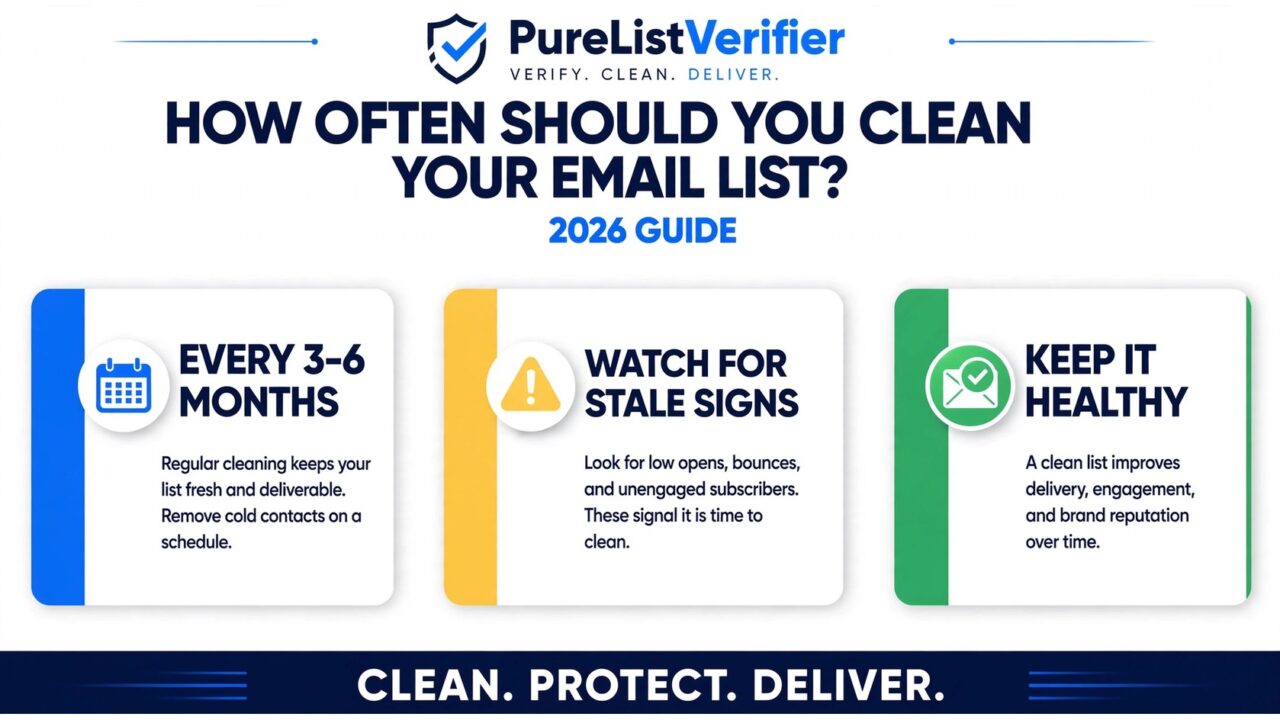 Infographic: How often should you clean your email list? 2026 guide — clean every 3–6 months, watch for stale signs, keep it healthy