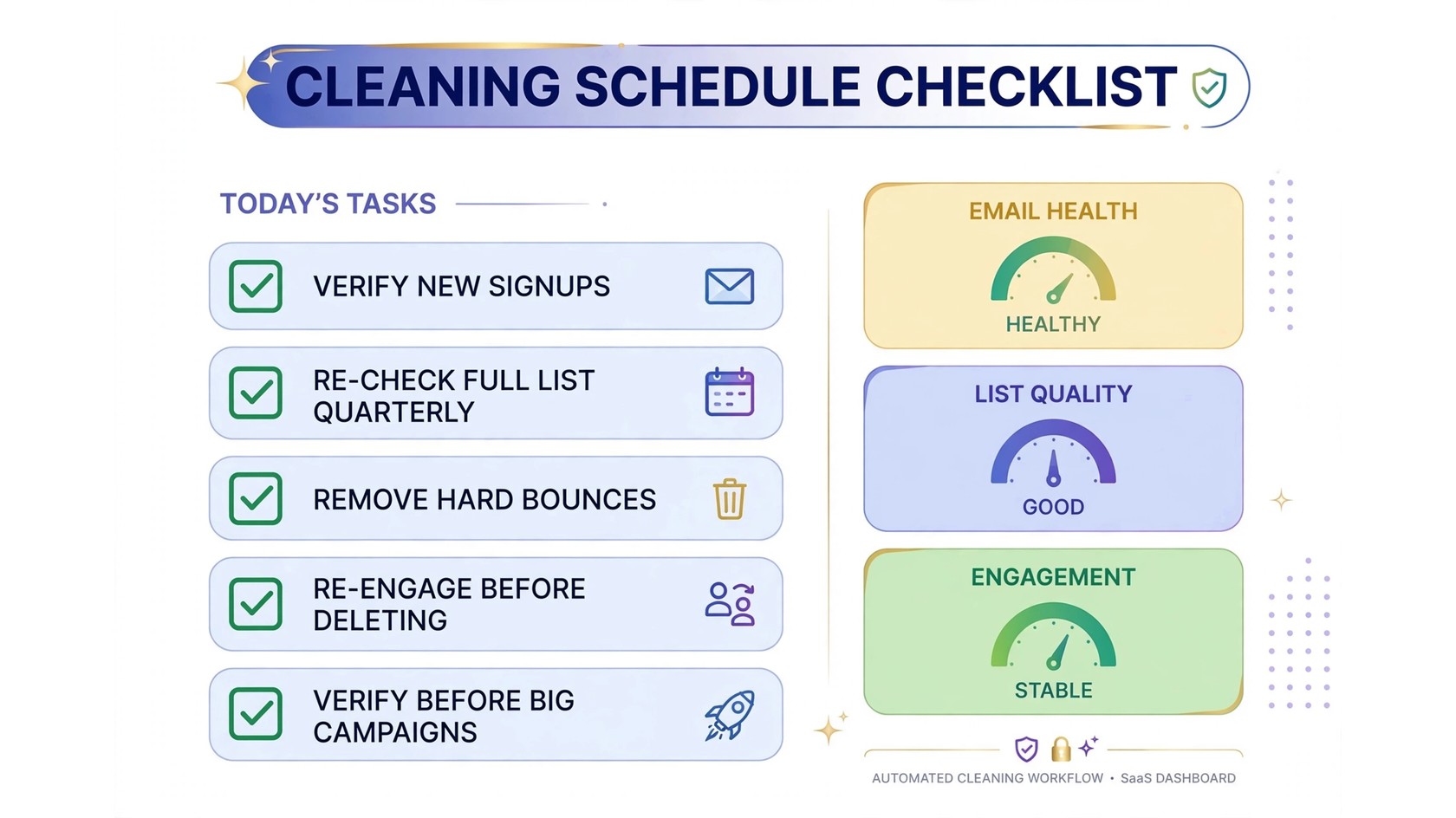 Infographic: Cleaning schedule checklist — verify new signups, re-check list quarterly, remove hard bounces, re-engage before deleting, verify before big campaigns