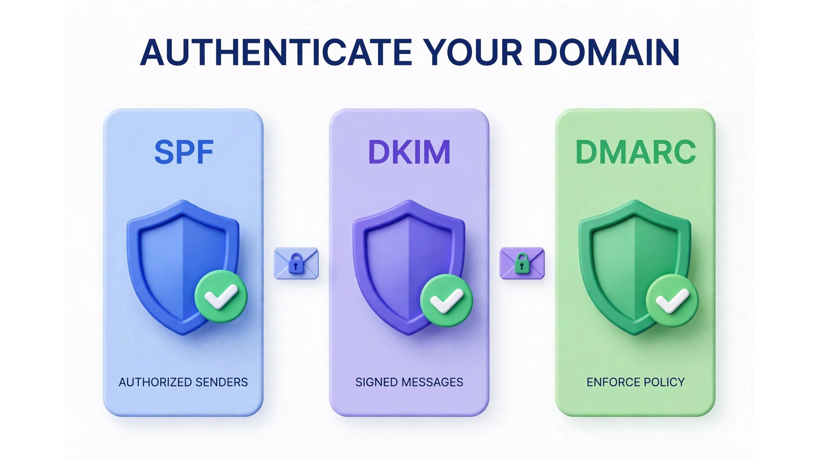 Authenticate your domain infographic: SPF, DKIM and DMARC shields with checkmarks