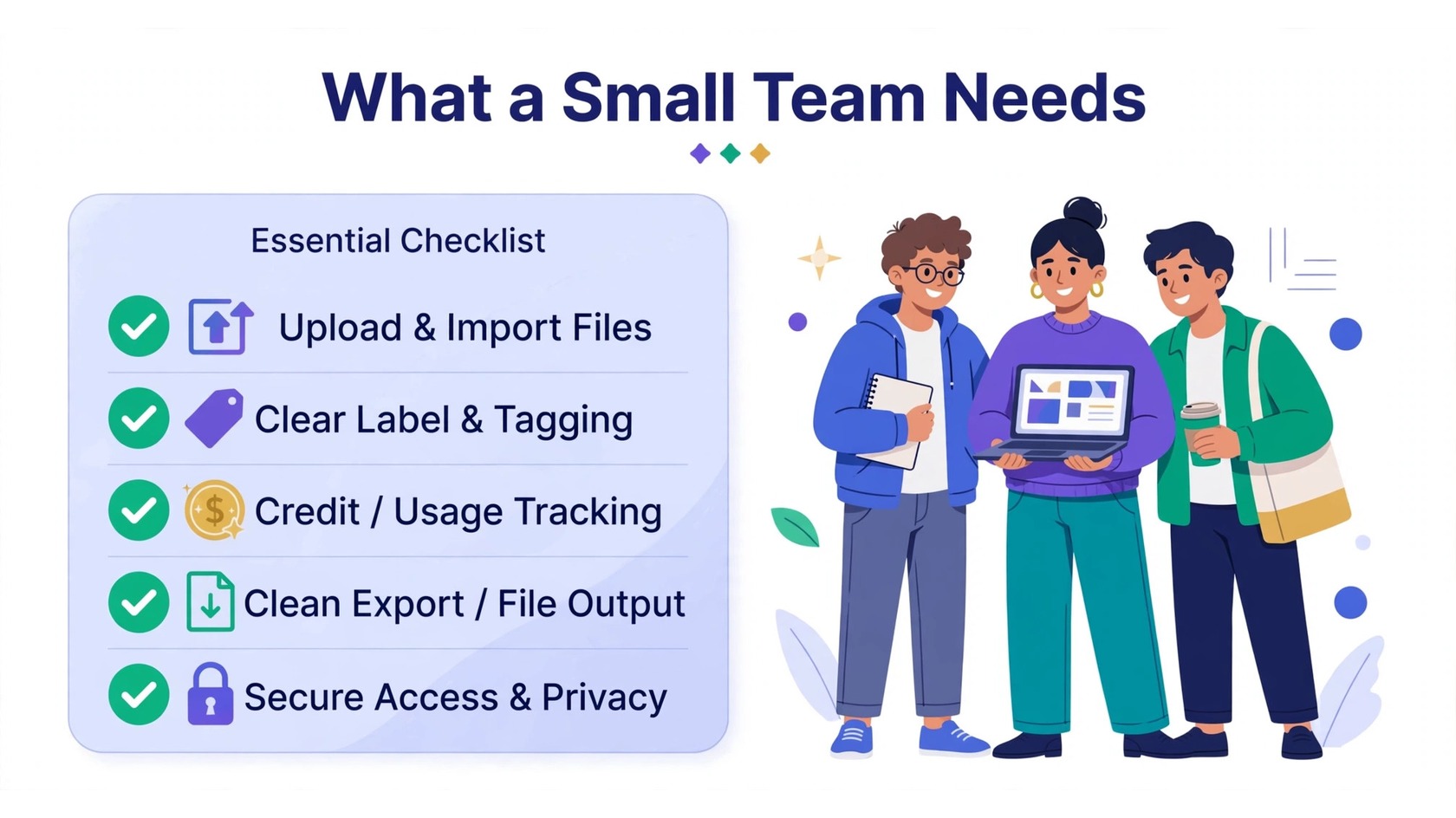 Small team email verification needs checklist infographic with checkmarks