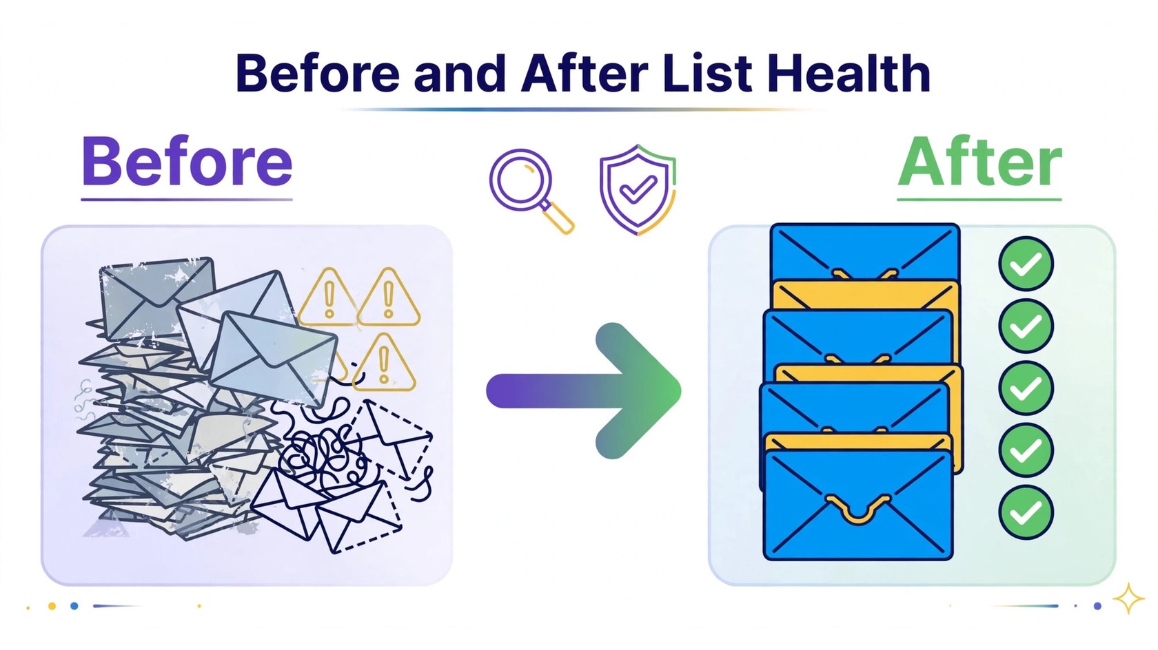 Before and after email list health visual showing a messy list becoming a clean verified list