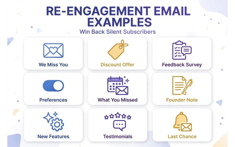 Re-engagement email examples infographic: nine win-back campaign types to revive silent subscribers