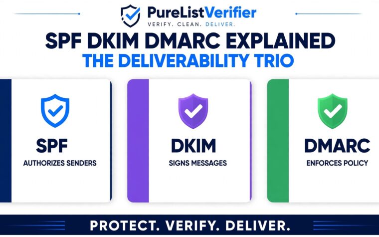 SPF DKIM DMARC explained infographic: the deliverability trio — SPF authorizes senders, DKIM signs messages, DMARC enforces policy