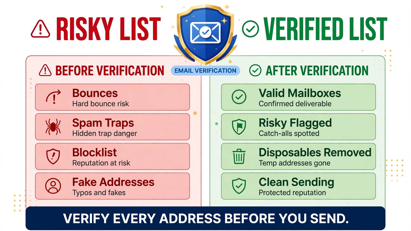 Risk comparison: risky list vs verified list, verify every address before you send