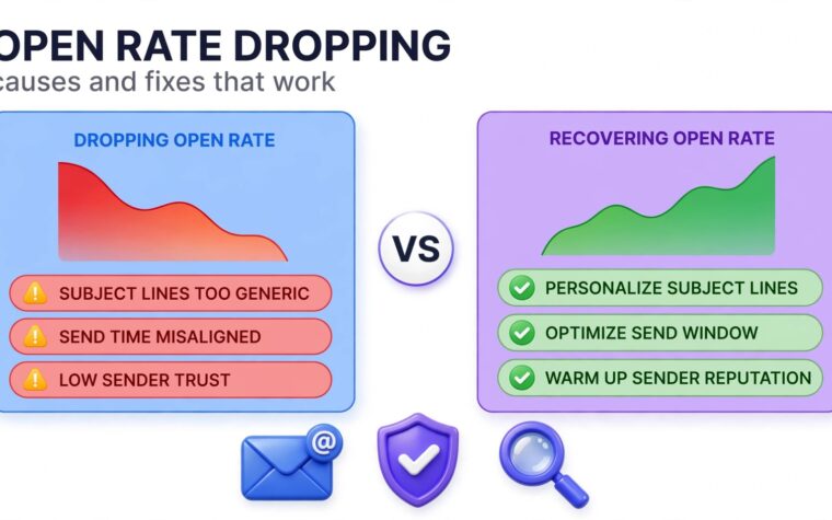 Why open rates drop: causes and fixes infographic